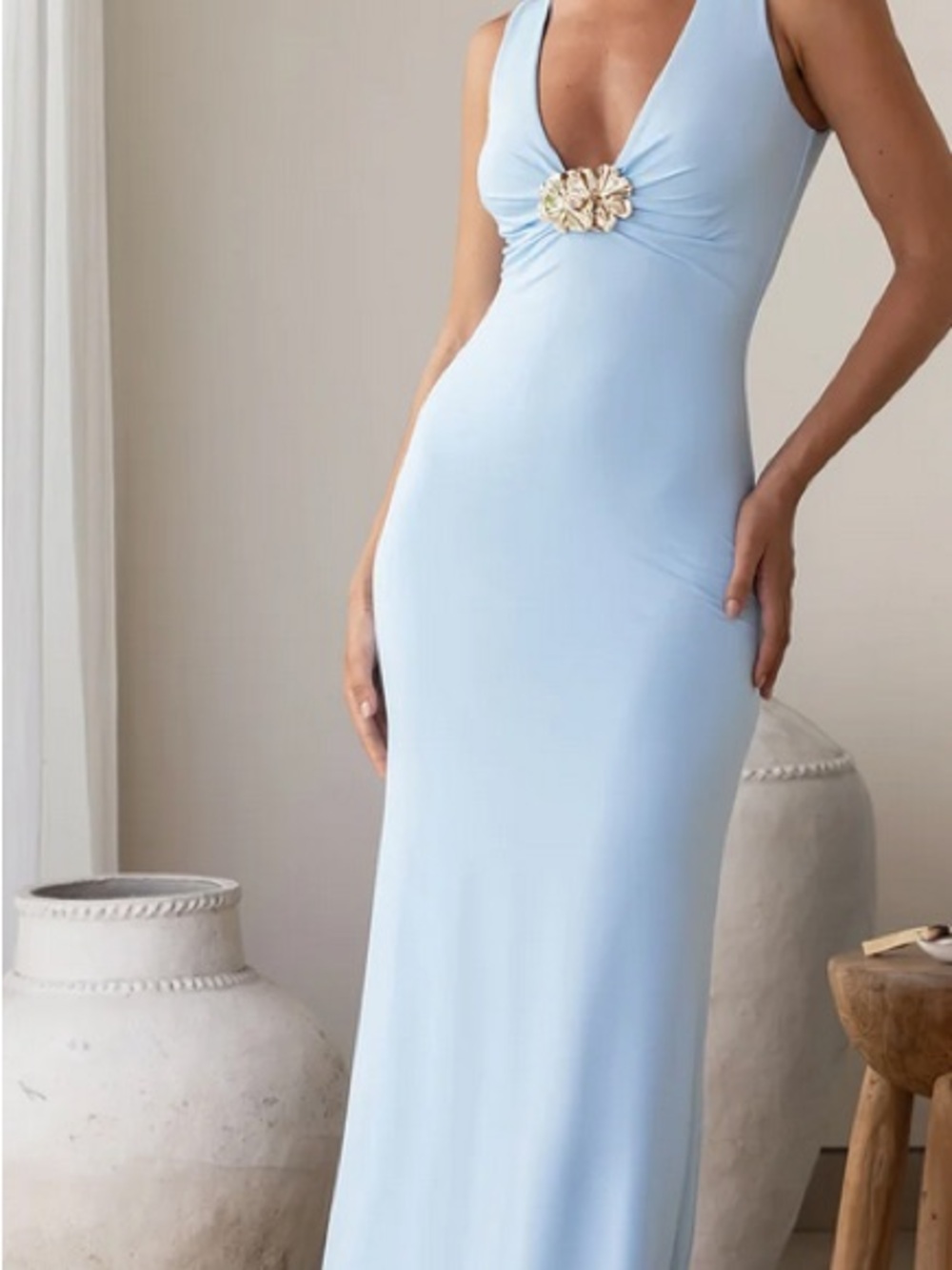 Light Blue V-Neck Maxi Dress with Center Decorative Accent